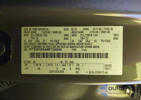 2021 Ford F-150 Tremor z USA, uszkodzony, nr VIN 1FTEW1E84MFC85006